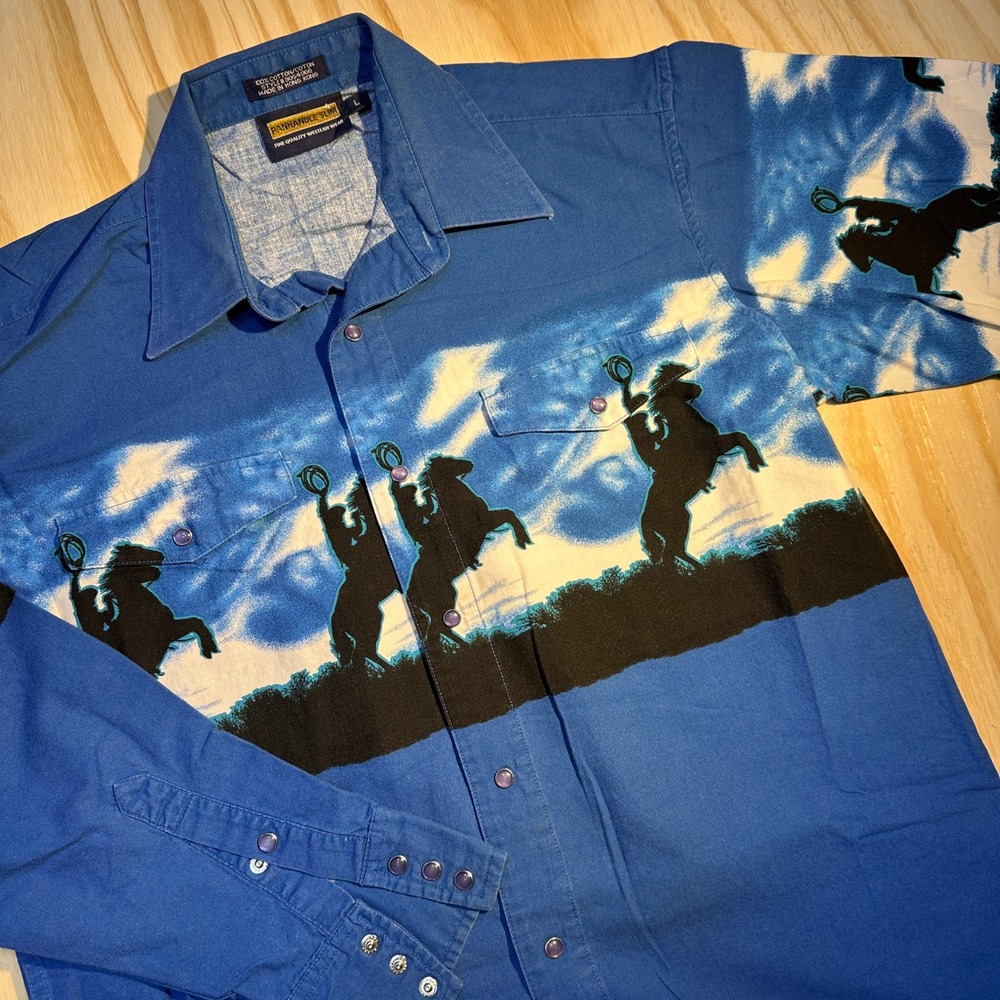 Panhandle Slim Men's Western Snap Shirt Blue Cowboy Horse Graphic Size L